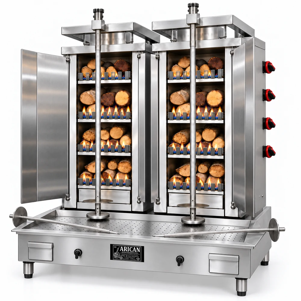 Gas- und Holz-Dönergrill · Doppelgerät · 4+4 Brenner · Edelstahl