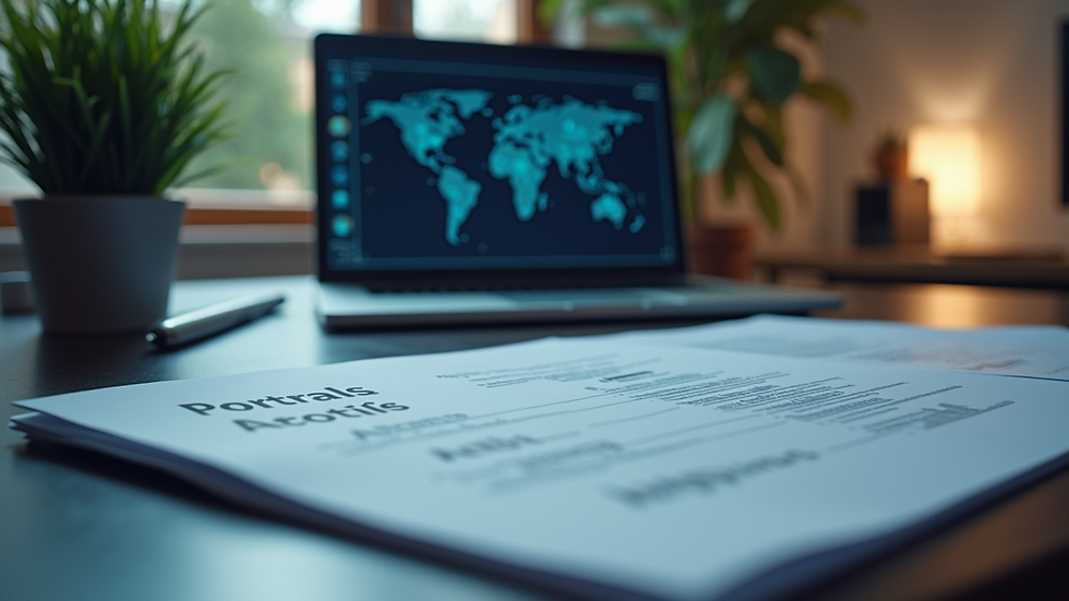 Eye-level view of a modern office desk with a laptop and data protection documents
