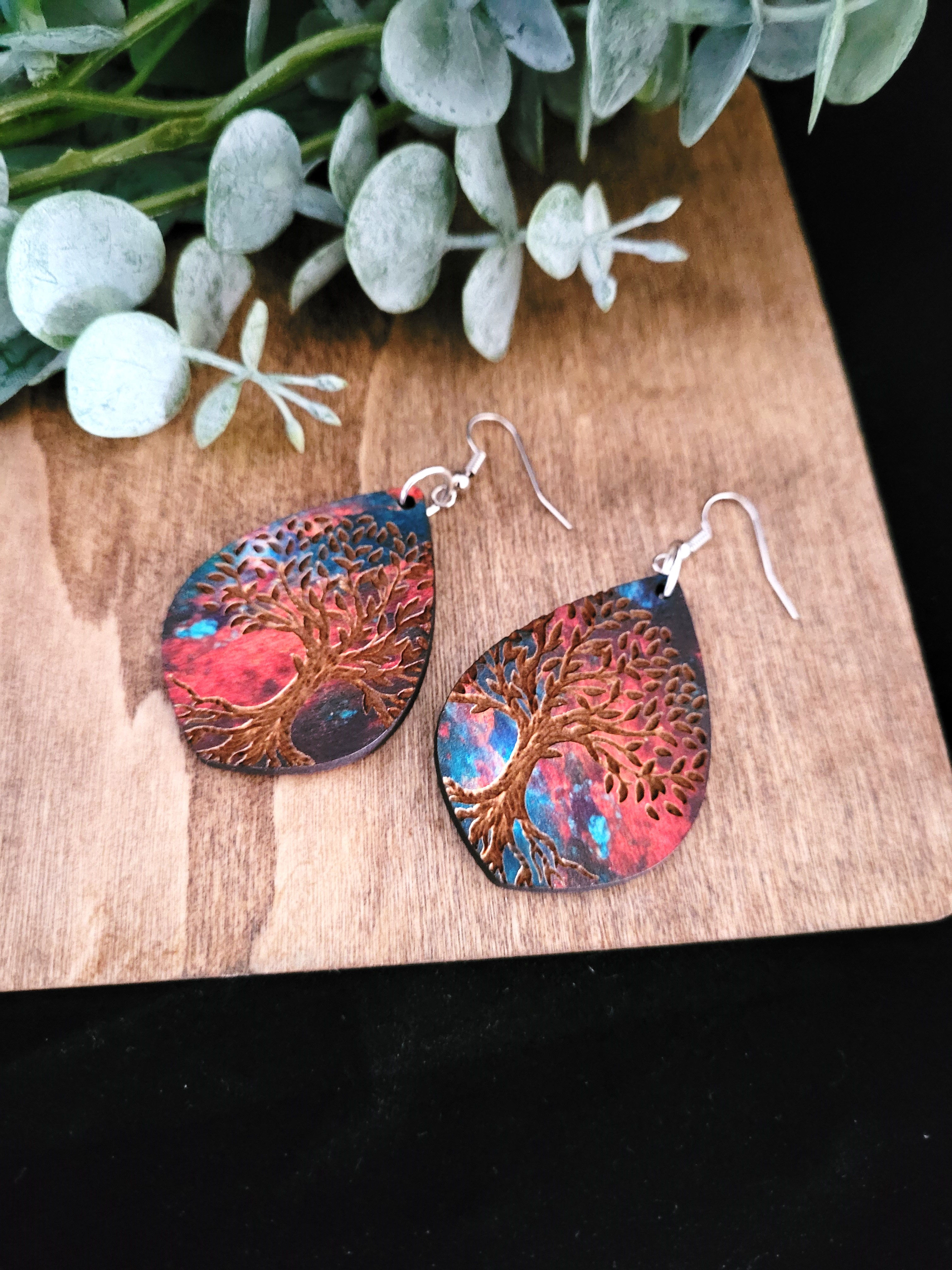 Tear Drop Artisan Watercolor Tree Dangle Earrings