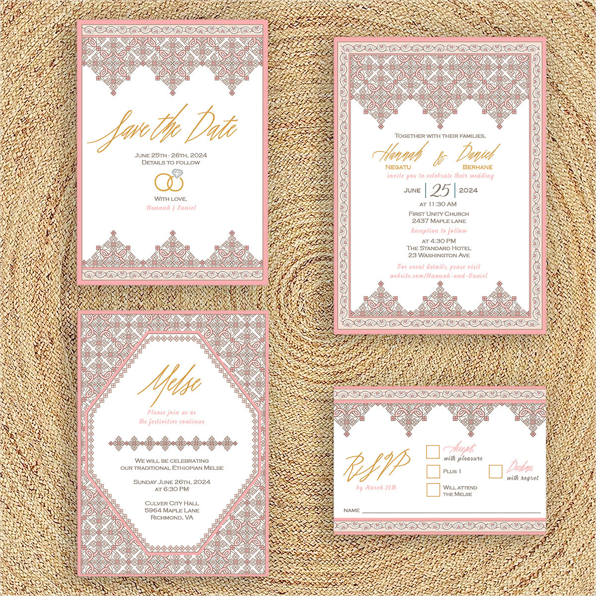Meskel Pattern with Floral Border, Pink & Champagne - Invitation Suite