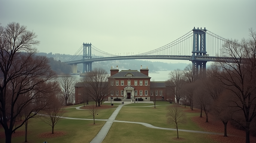 High angle view of Fort Lee Historic Park with the George Washington Bridge in the background