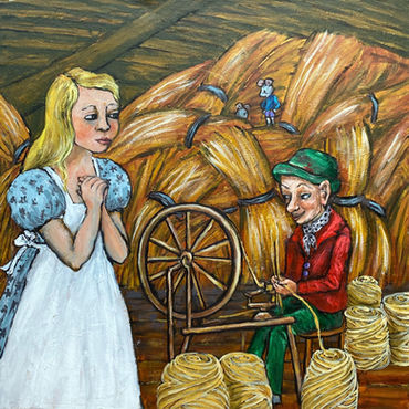 fairy tale girl next to a imp character using a spinning wheel