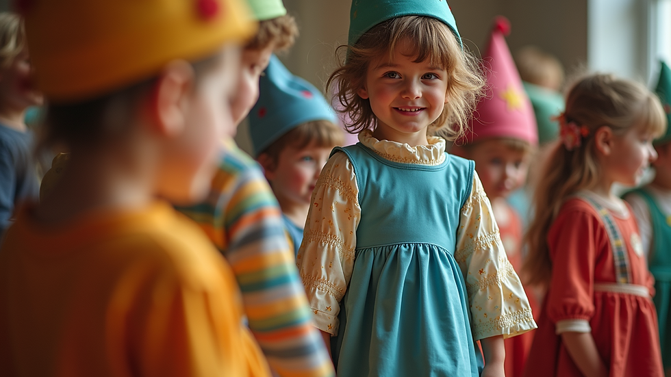 Close-up view of colorful handmade costumes and props for a children's play