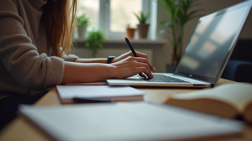 Eye-level view of a student studying with a laptop and books
