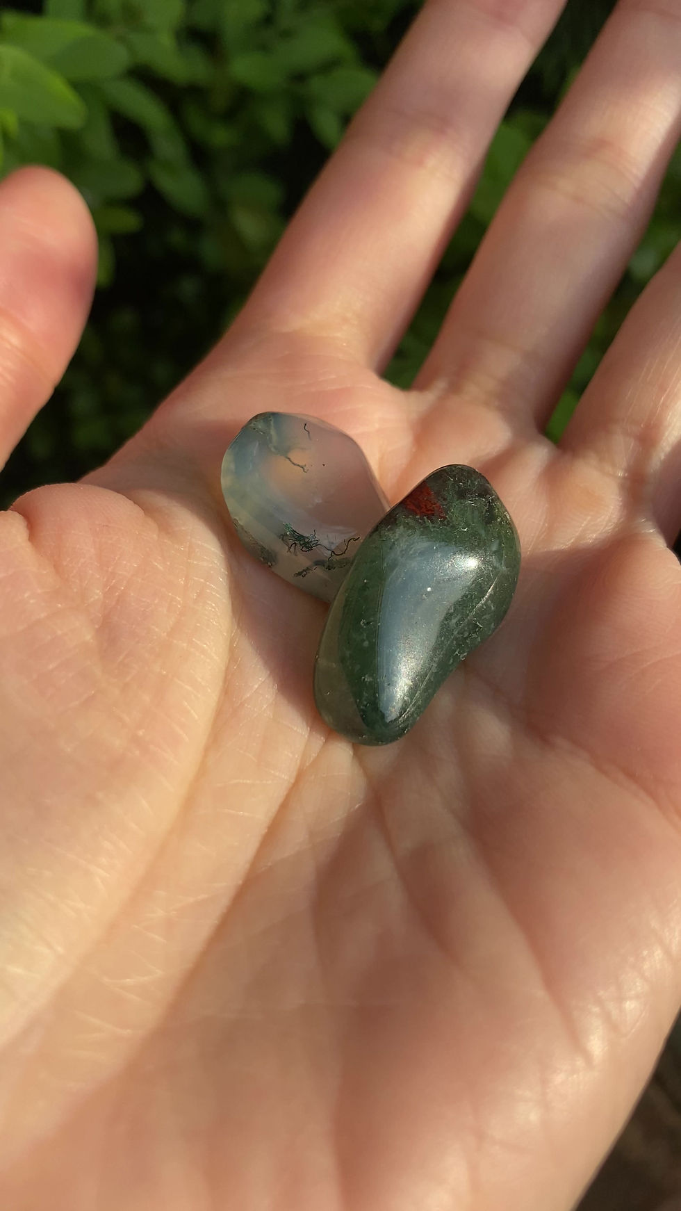 Thumbnail: 2 green moss agate tumbled stones/ small