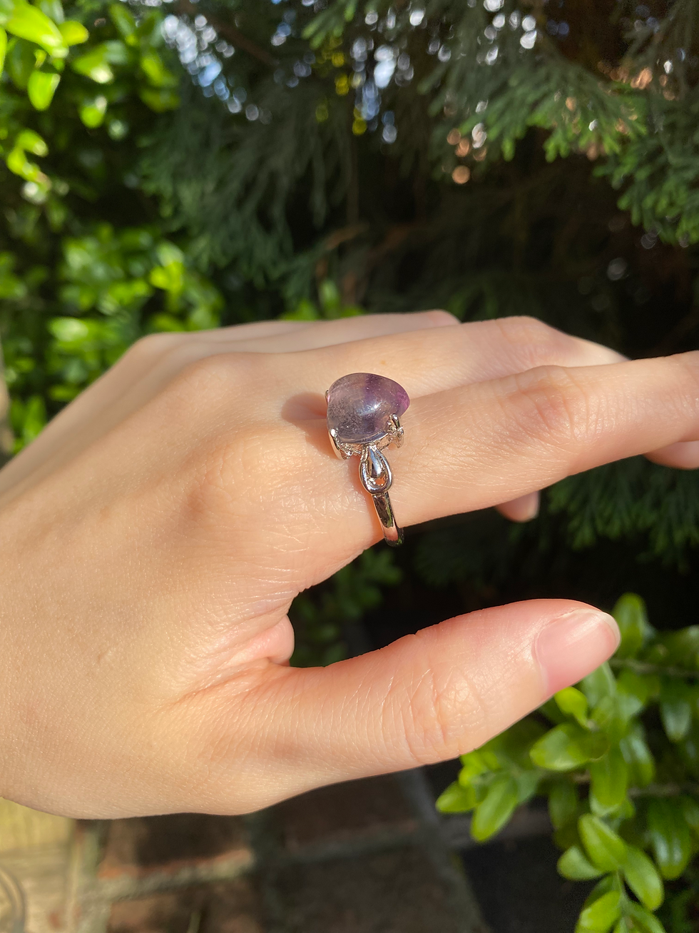 Thumbnail: Purple Rainbow fluorite heart stone silver band ring