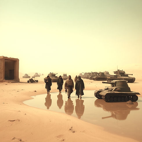 a eastern desert with mud hut ruins and rusted out wrecked ww1 tanks, center_ a group of h