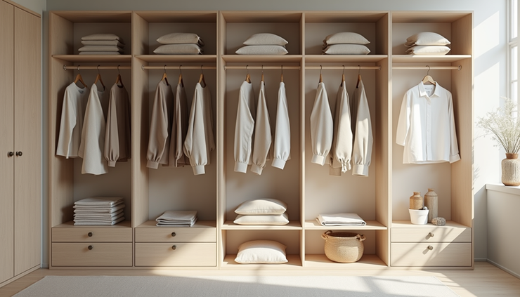 Eye-level view of a neatly arranged minimalist wardrobe with neutral-toned clothing