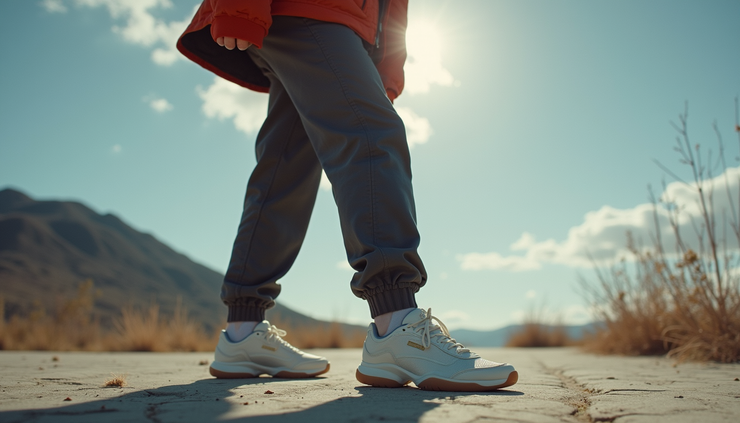 Eye-level view of a stylish outfit featuring a Noroaa jacket paired with casual pants and sneakers