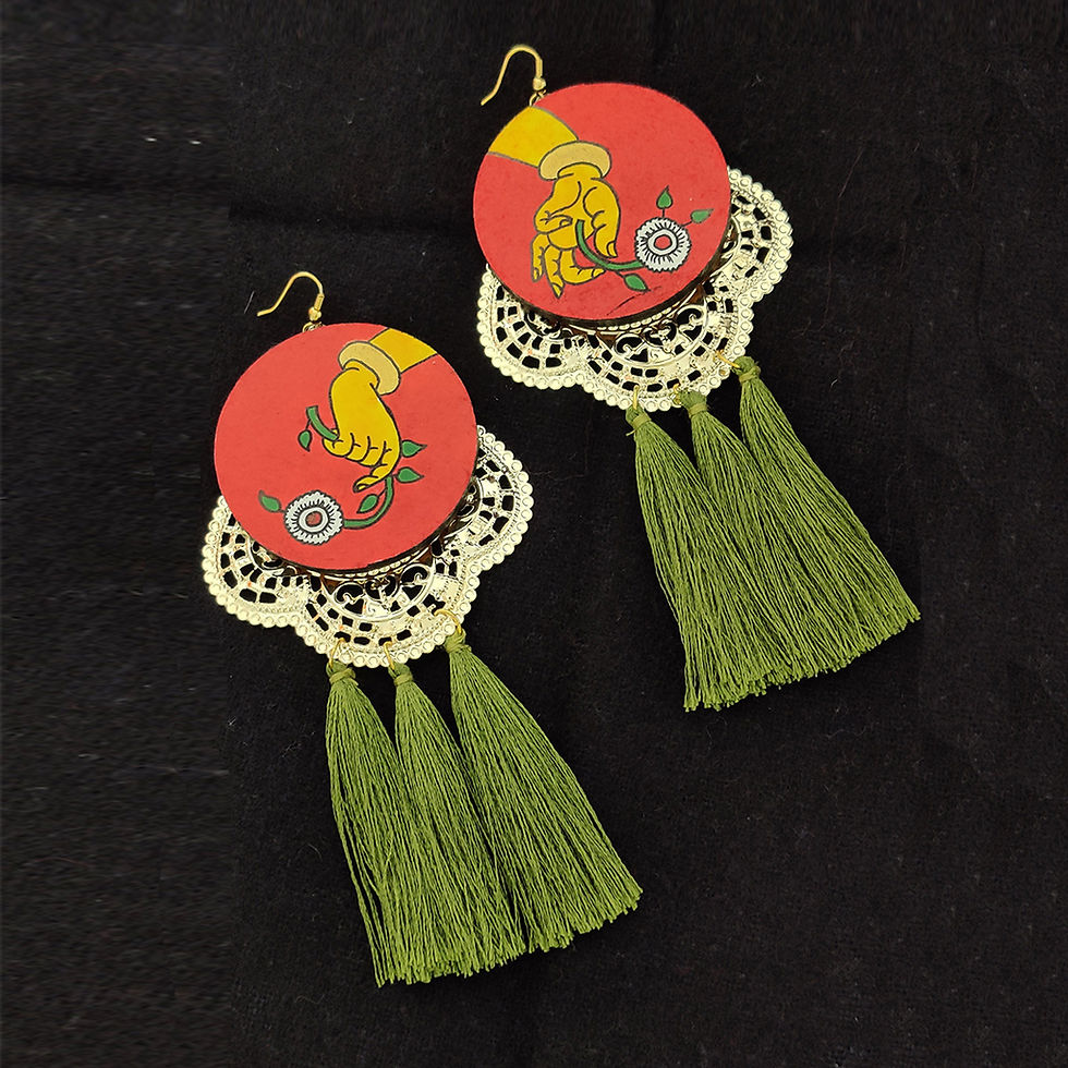 Mudra hand-painted wooden earrings inspired by Indian classical dance, elegant hand gestures, carved gold design and fringes