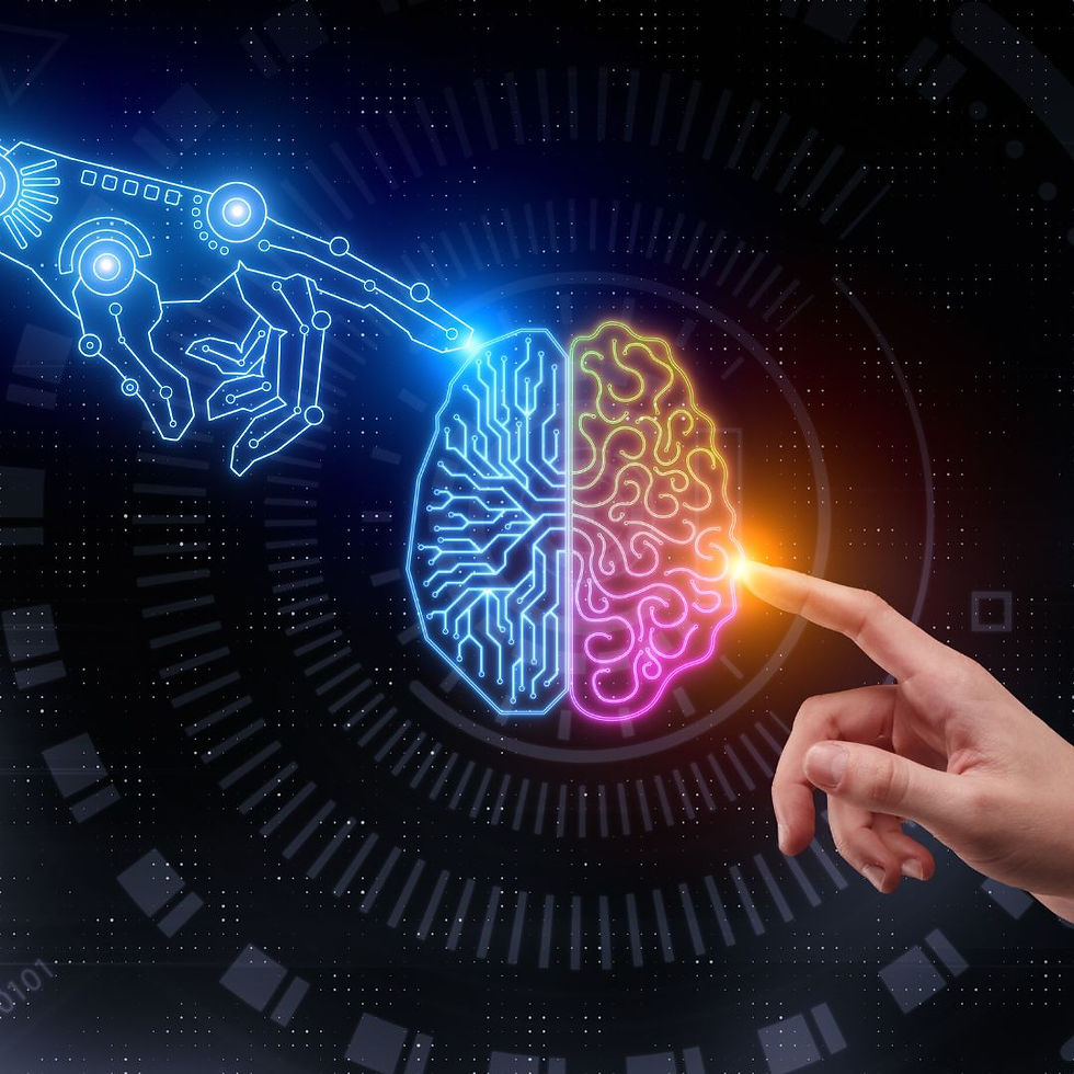 a digital hand and a human hand pointing to a digital brain