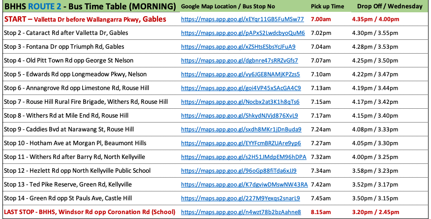 BHHS Route 2 Timetable | Direct Bus Service to Baulkham Hills High School