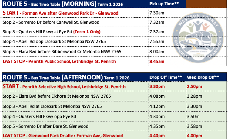Time Table Route 5 - Direct Bus Service to Penrith Selective High School
