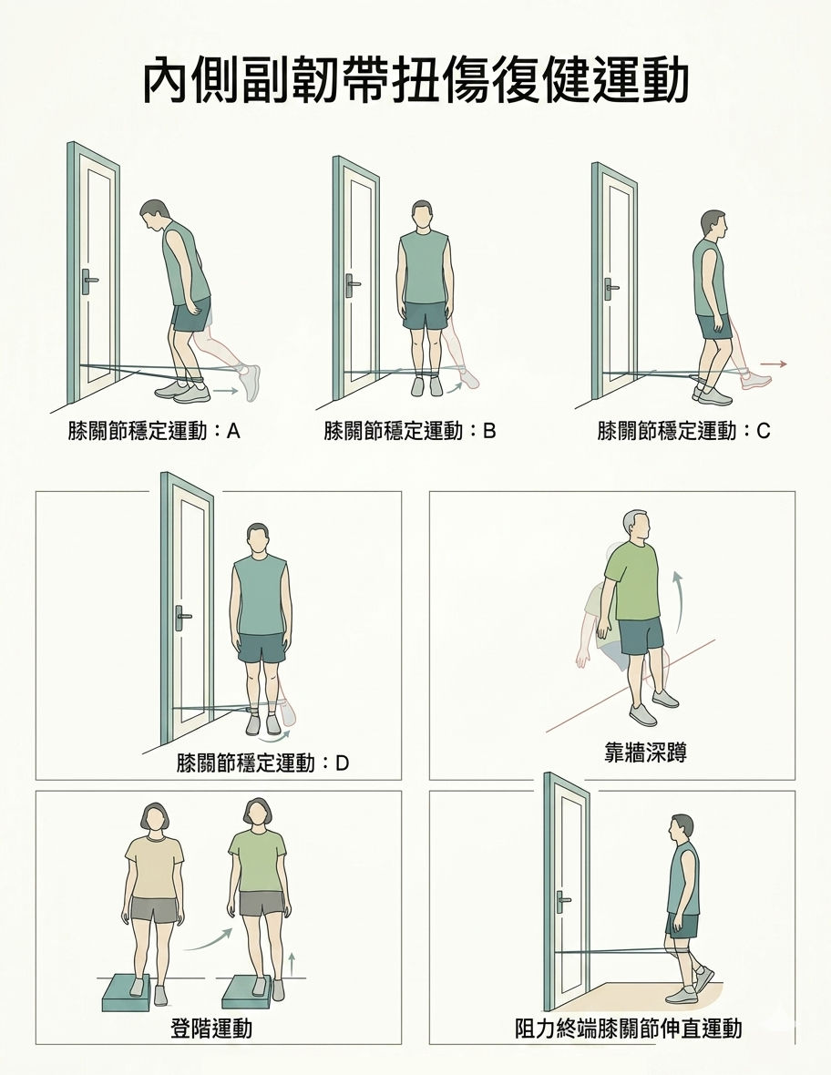 復健運動示意圖,展示內側副韌帶扭傷的膝關節穩定運動A-D、靠牆深蹲、登階與阻力終端膝關節伸直,白底綠色插圖,含中文標示。