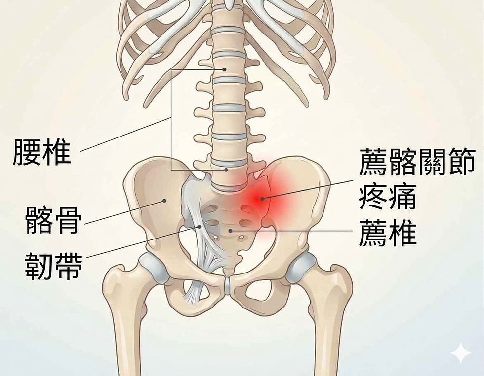 骨盆與腰椎解剖示意圖,右側薦骼關節發紅標示疼痛,旁有腰椎、骼骨、韌帶等中文標註。