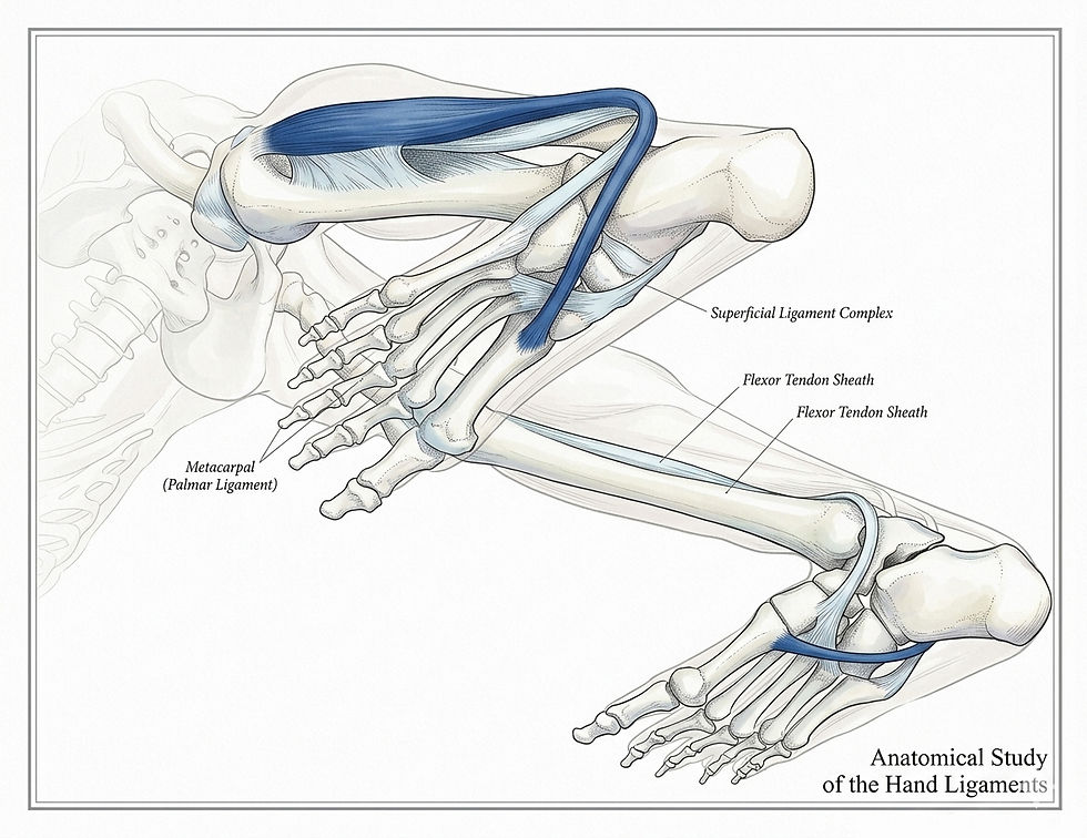 手部韧带解剖示意图,白底上显示骨骼与蓝色韧带结构,标注Superficial Ligament Complex、Flexor Tendon Sheath和Metacarpal等文字