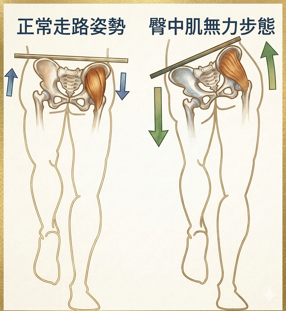 示意圖對比正常走路姿勢與臀中肌無力步態,兩側骨盆與腿部骨骼圖,配藍綠箭頭,白底上有文字說明。
