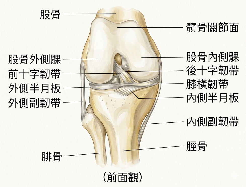 膝關節前視解剖圖,標示股骨、脛骨、腓骨、髕骨及前十字韌帶、內外側半月板與副韌帶,白底教學示意圖。