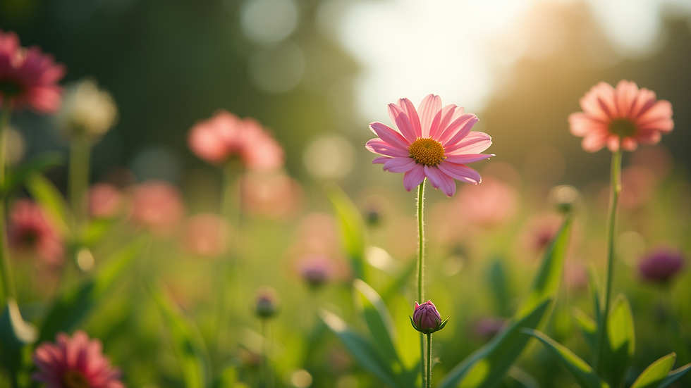 Eye-level view of a serene garden with blooming flowers