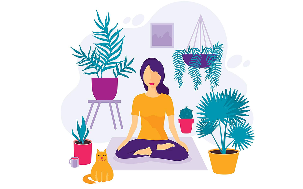 Woman meditating on a mat surrounded by potted plants and a cat. Bright colors, relaxed vibe, and plants add a serene backdrop.