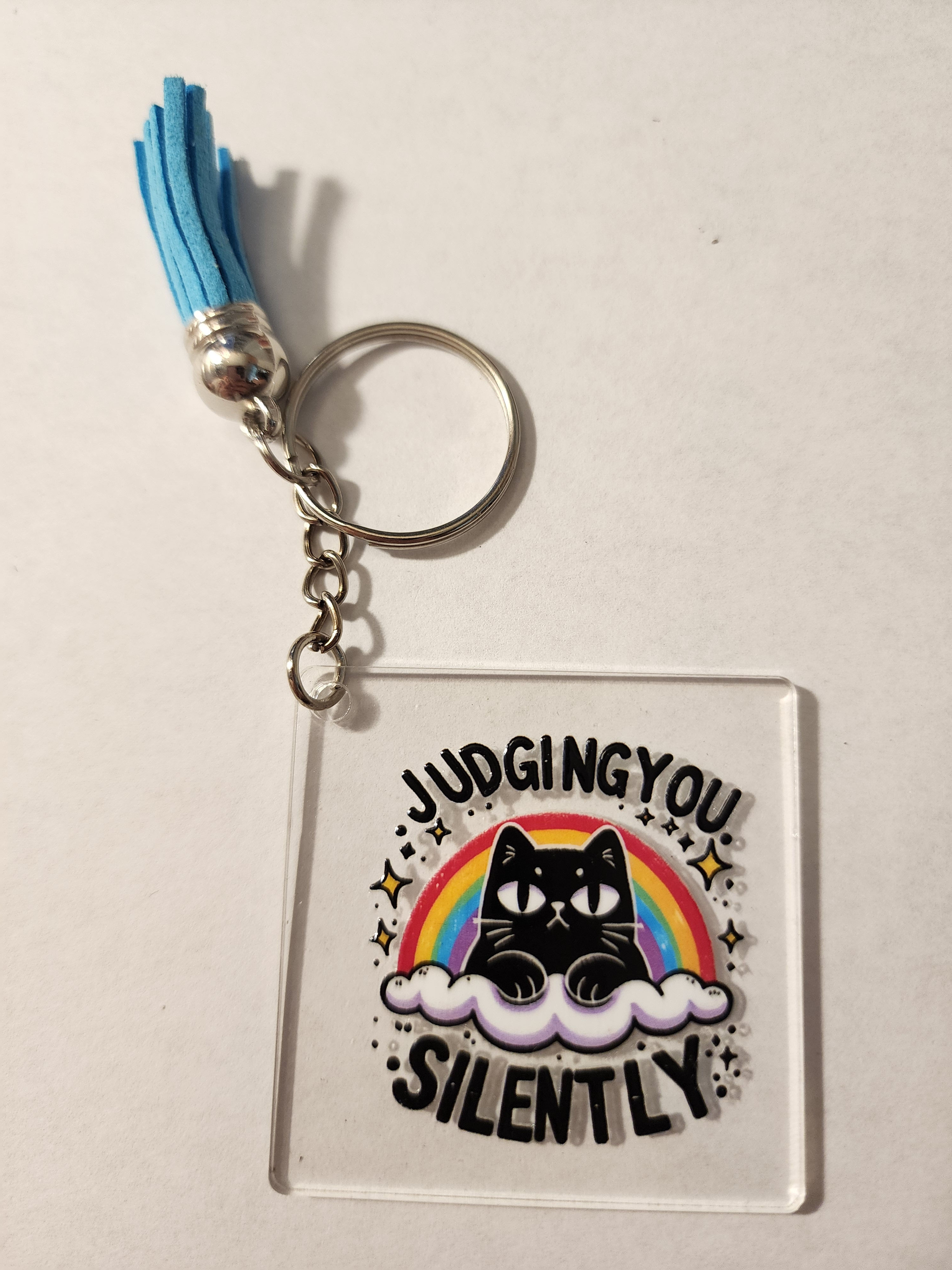 Judging You Silently Cat Keychain with Blue Tassel