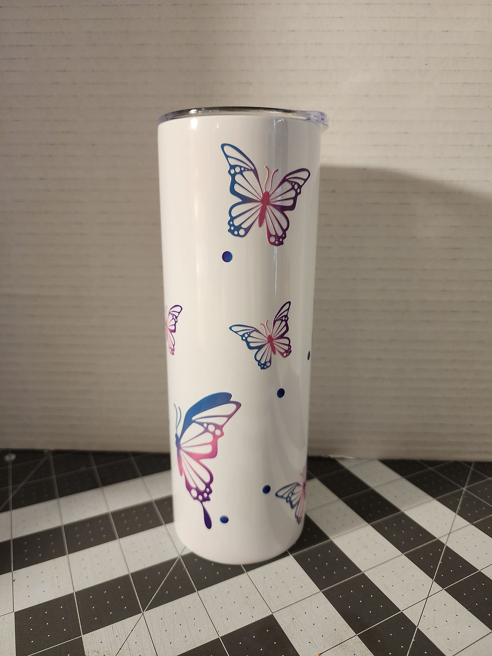 Thumbnail: White Tumbler with Pink and Blue Butterflies 20 Oz