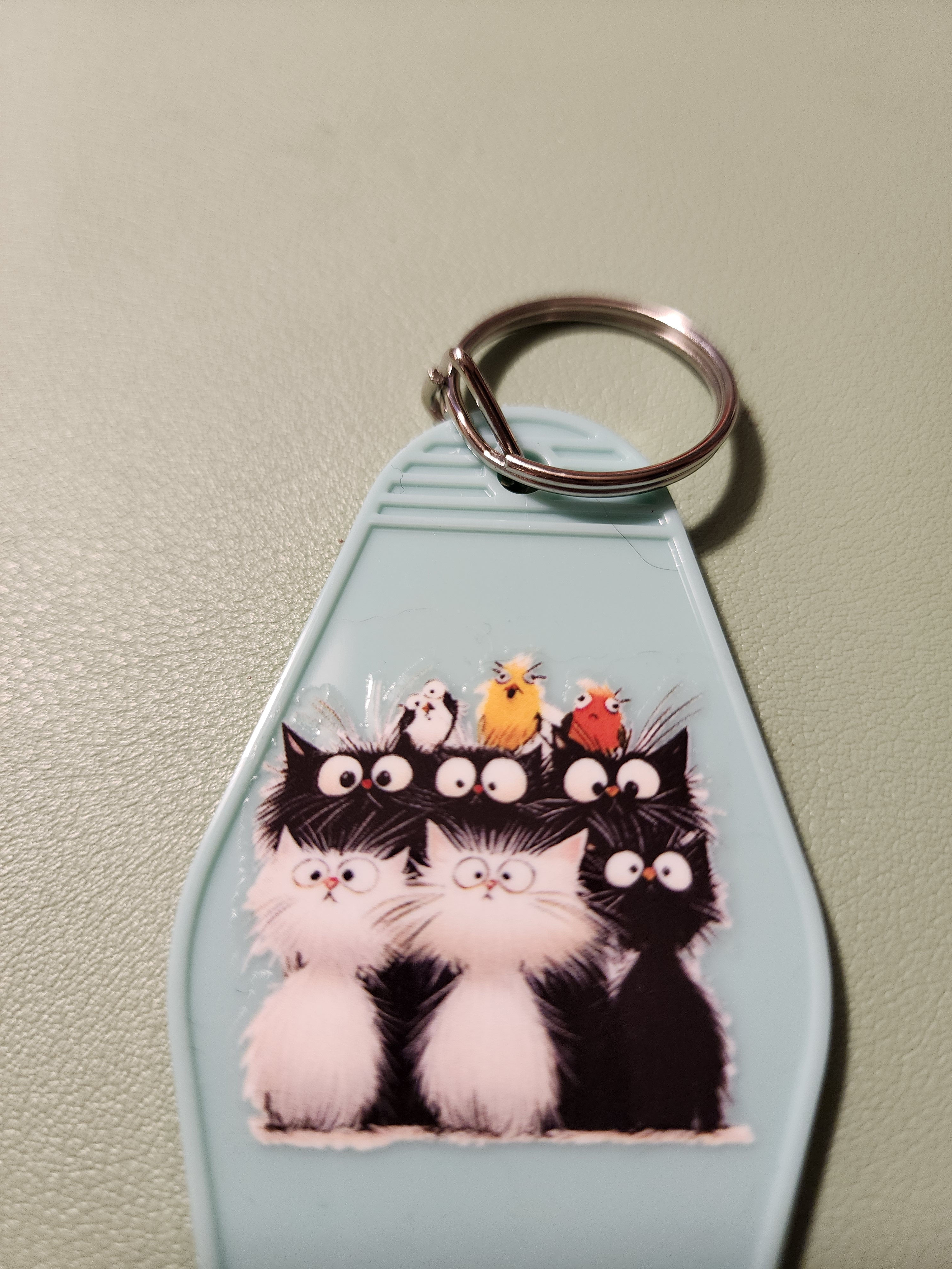 Cute Cat Keychain with Birds - Light Blue