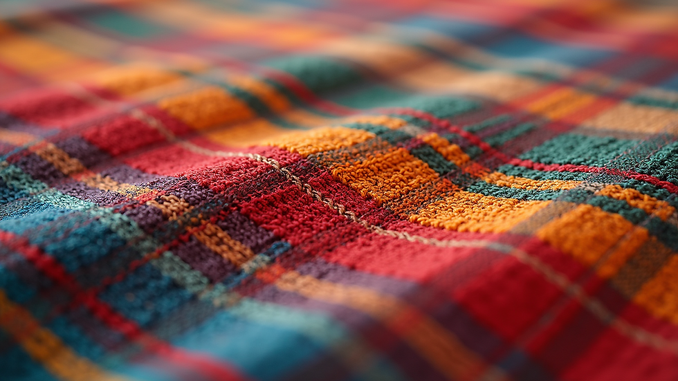Close-up view of colorful handwoven textile with intricate patterns