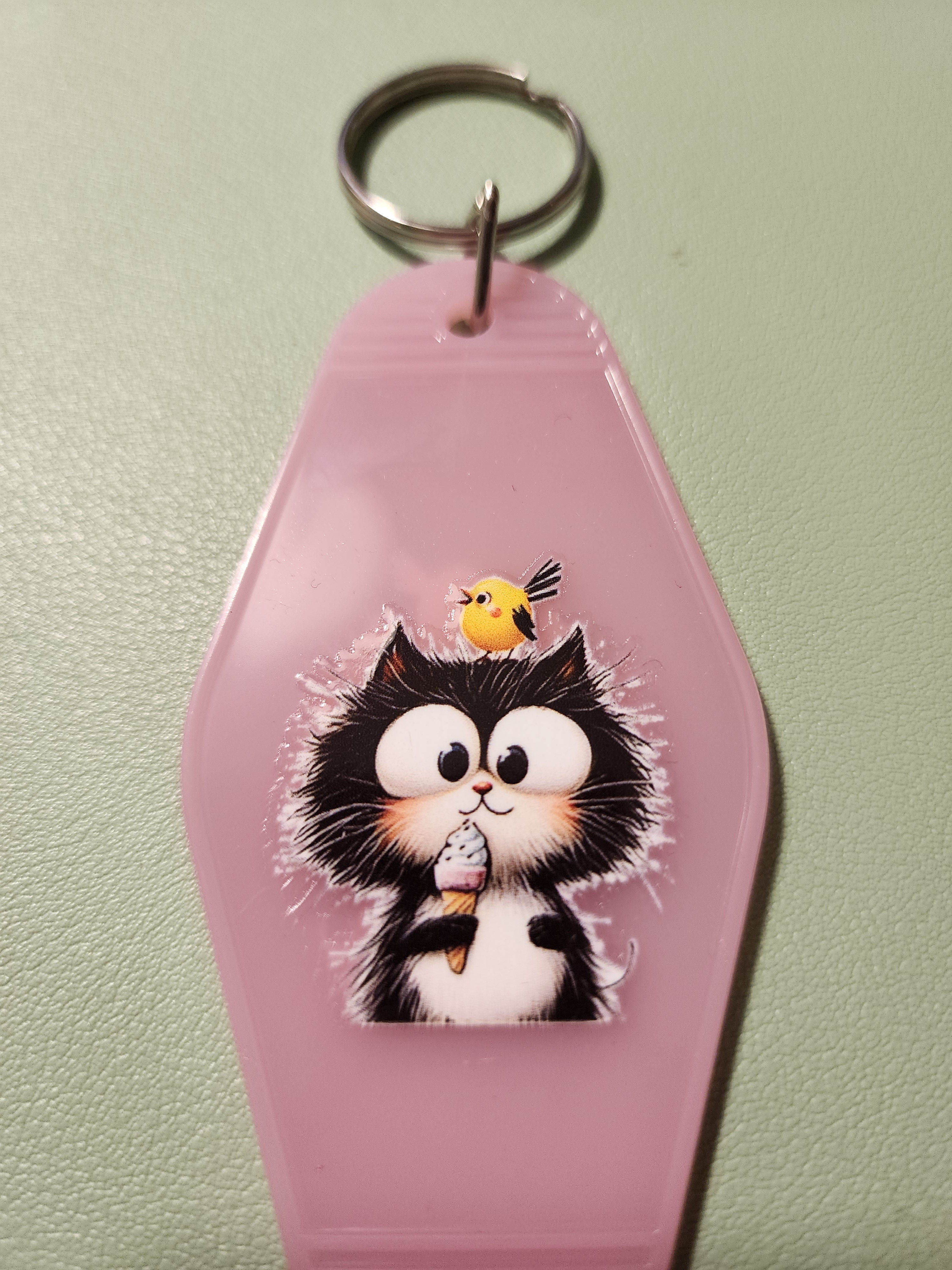 Pink Cat Keychain with Cartoon Design