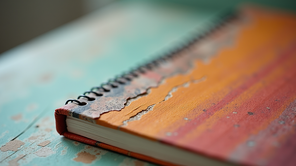 Close-up view of a colorful handmade journal with textured paper