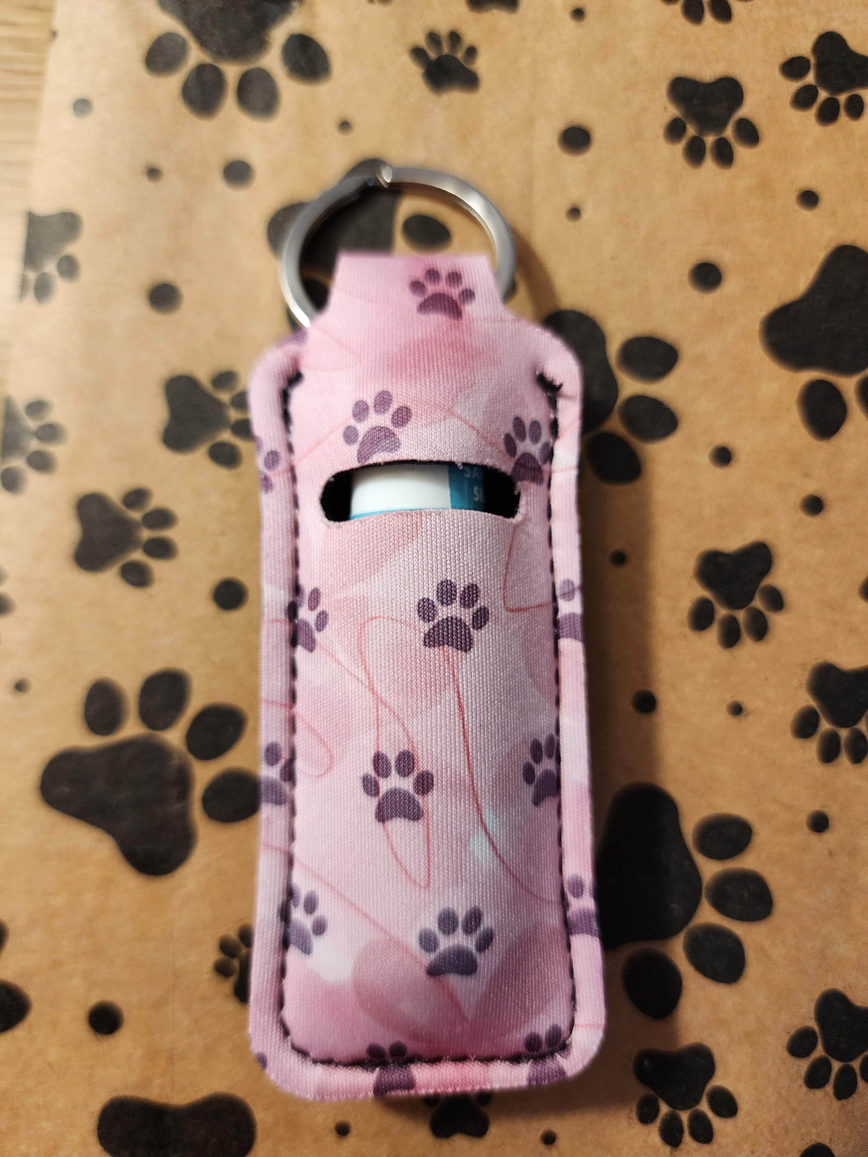 Pink Paw Print Lip Balm Holder Keychain