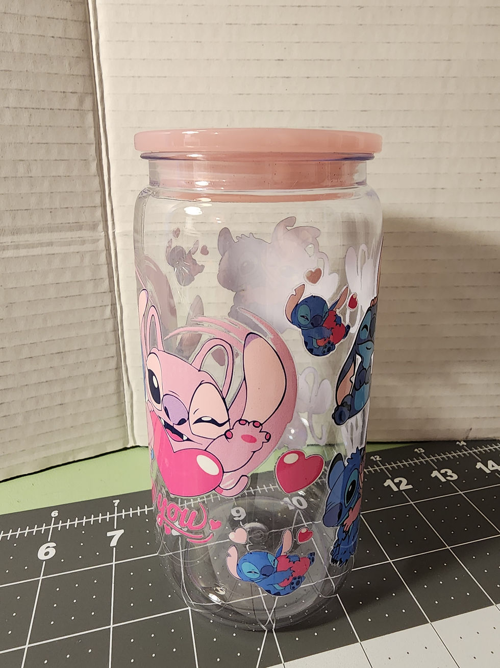 Thumbnail: Stitch & Angel Cartoon Heart Plastic Cup- Pink Lid