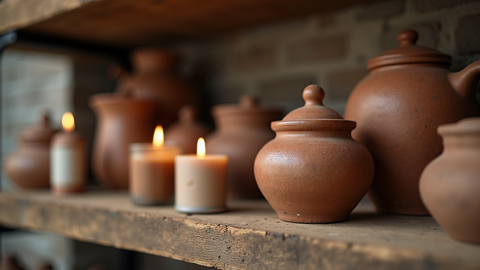 Eye-level view of a rustic wooden shelf displaying handmade pottery and candles