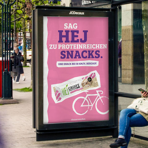 HEJ Natural Out of Home Kampagne 2021 und 2022, Plakate, HEJ Crispy Protein Bar, HEJ Oat Bar, HEJ Bite, Kampagnendesign