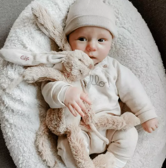 Happy Horse Konijn Richie bij baby in armen met naam geborduurd