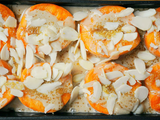 Vegan yeast cake with apricots and tahini-halvah icing