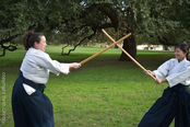 Angel Sensei and Kiley practice kumi tachi aikido in the park
