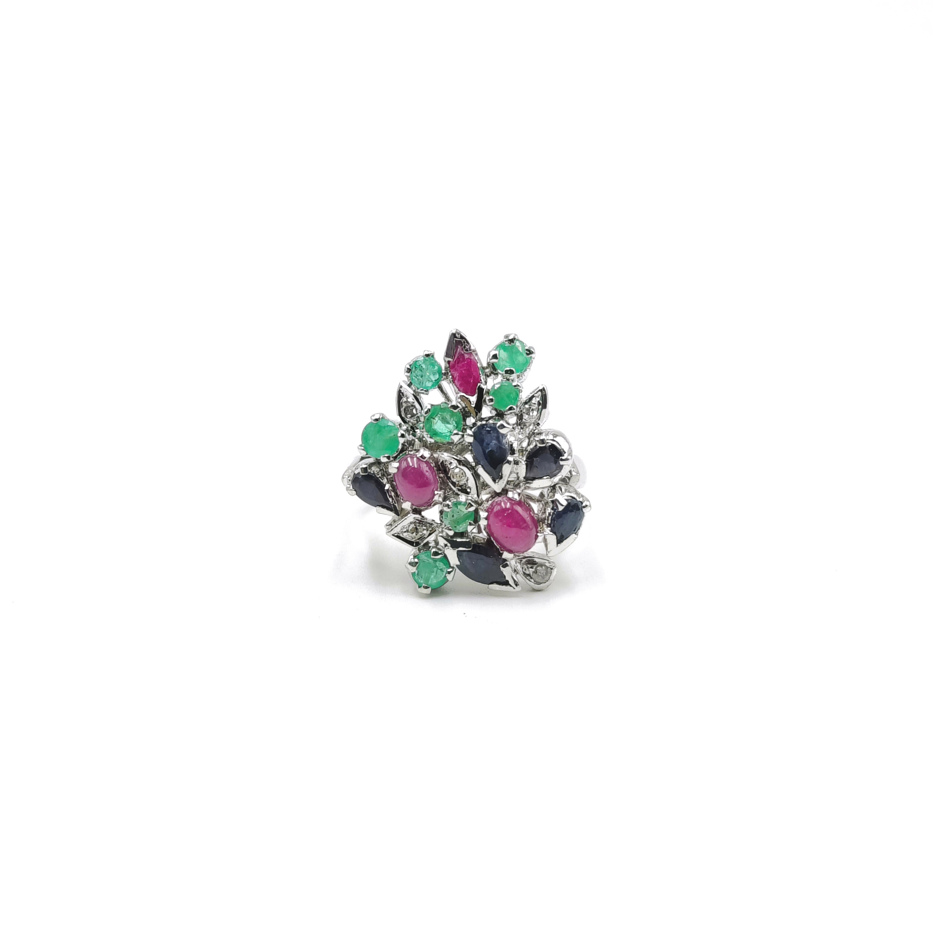 Floral Ruby, Emerald, Sapphire & Diamond Ring