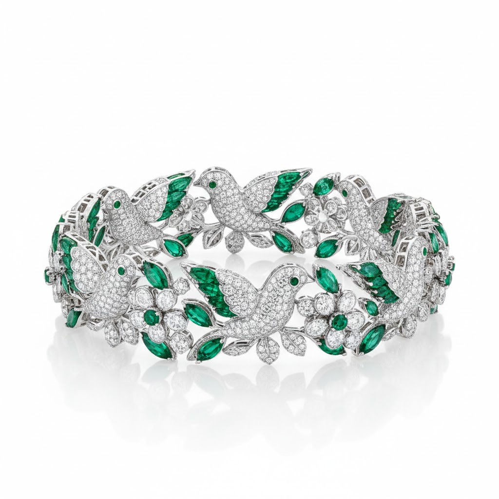 Luxury Fine Statement Birds Emeralds & Diamonds Bracelet