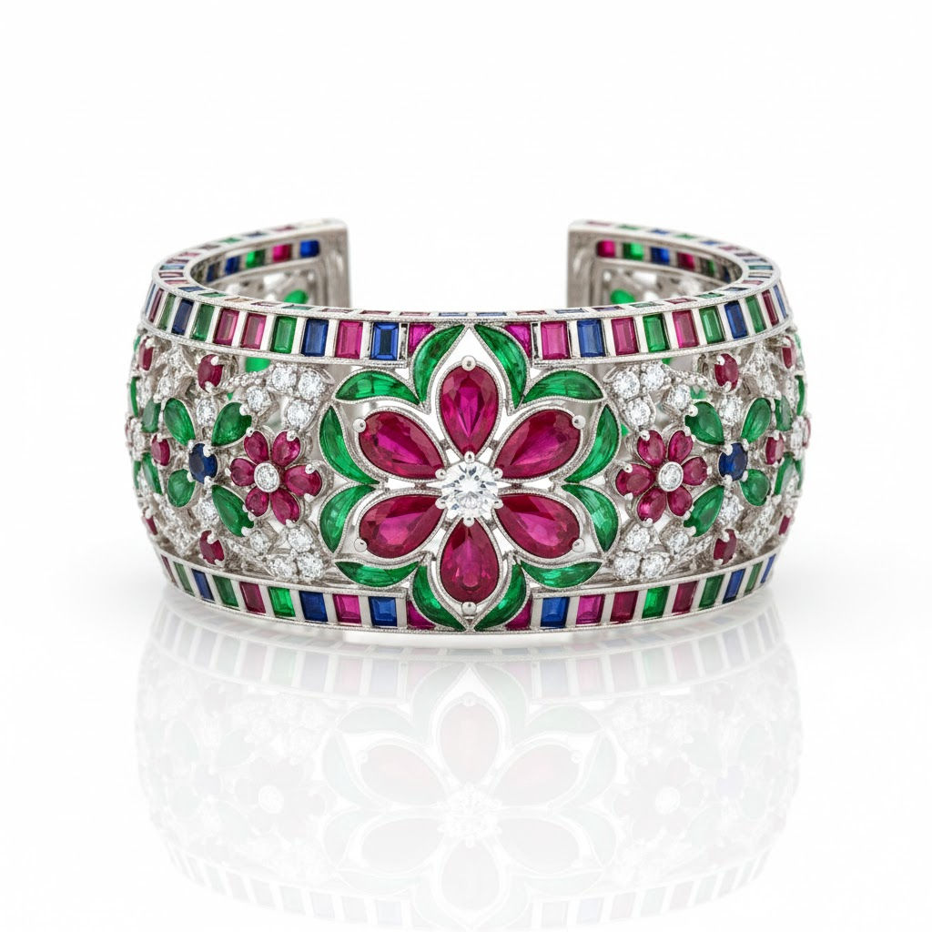 Luxury Fine Statement Flowers Rubies, Sapphires, Emeralds & Diamonds Bracelet