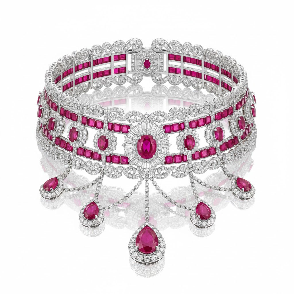 Luxury Fine Statement Ruby & Diamonds Necklace