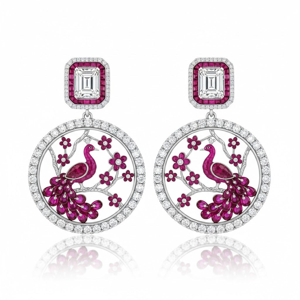 Luxury Fine Statement Rubies & Diamonds Peacocks Earrings