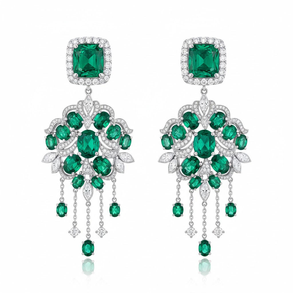 Luxury Fine Statement Emeralds & Diamonds Chandelier Earrings