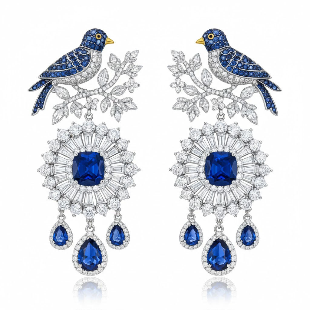 Luxury Fine Statement Peacocks Sapphires & Diamonds Earrings