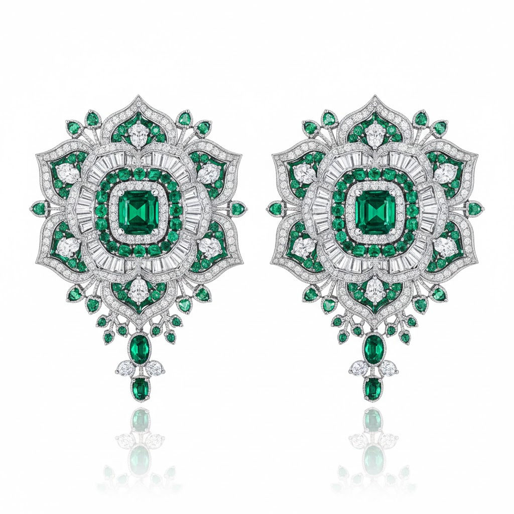 Luxury Fine Statement Flowers Emeralds & Diamonds Earrings
