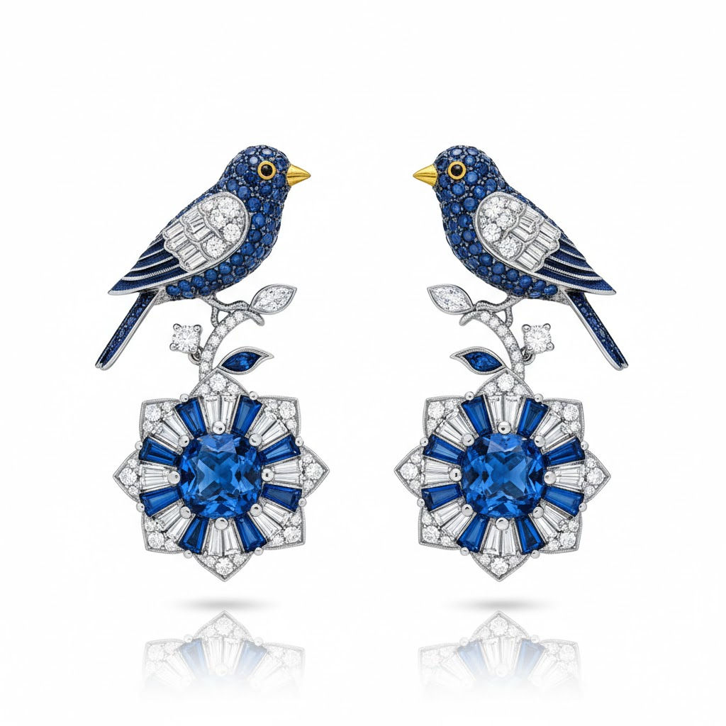 Luxury Fine Statement Peacocks Sapphires & Diamonds Earrings