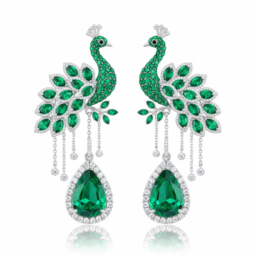 Luxury Fine Statement Peacocks Emeralds & Diamonds Earrings