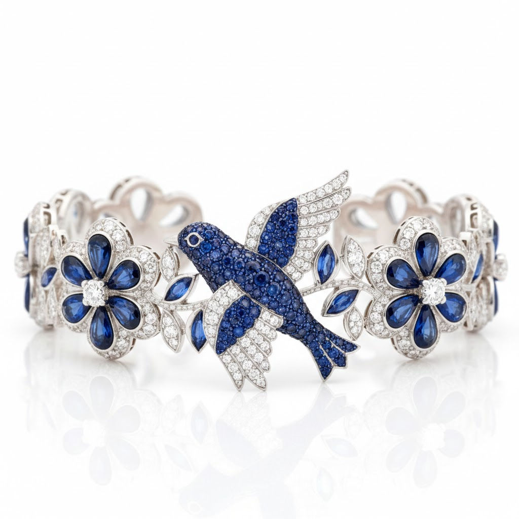 Luxury Fine Statement Bird and Flowers Sapphires & Diamonds Bracelet