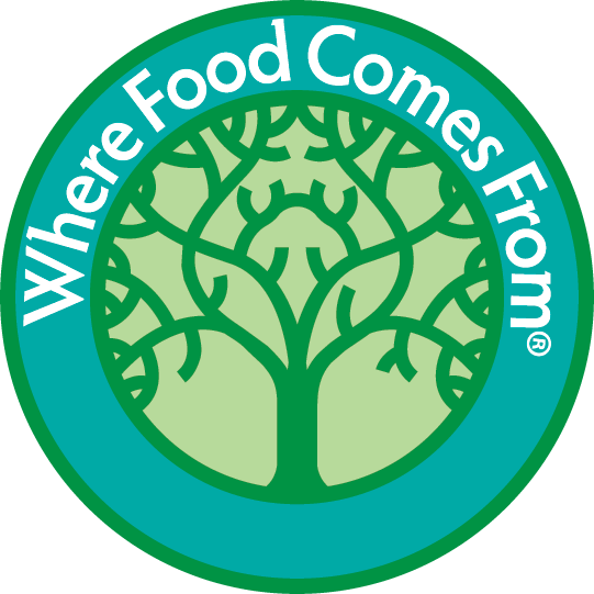 Green and teal circular logo with a stylized tree design and the text "Where Food Comes From" along the top edge, conveying sustainability.
