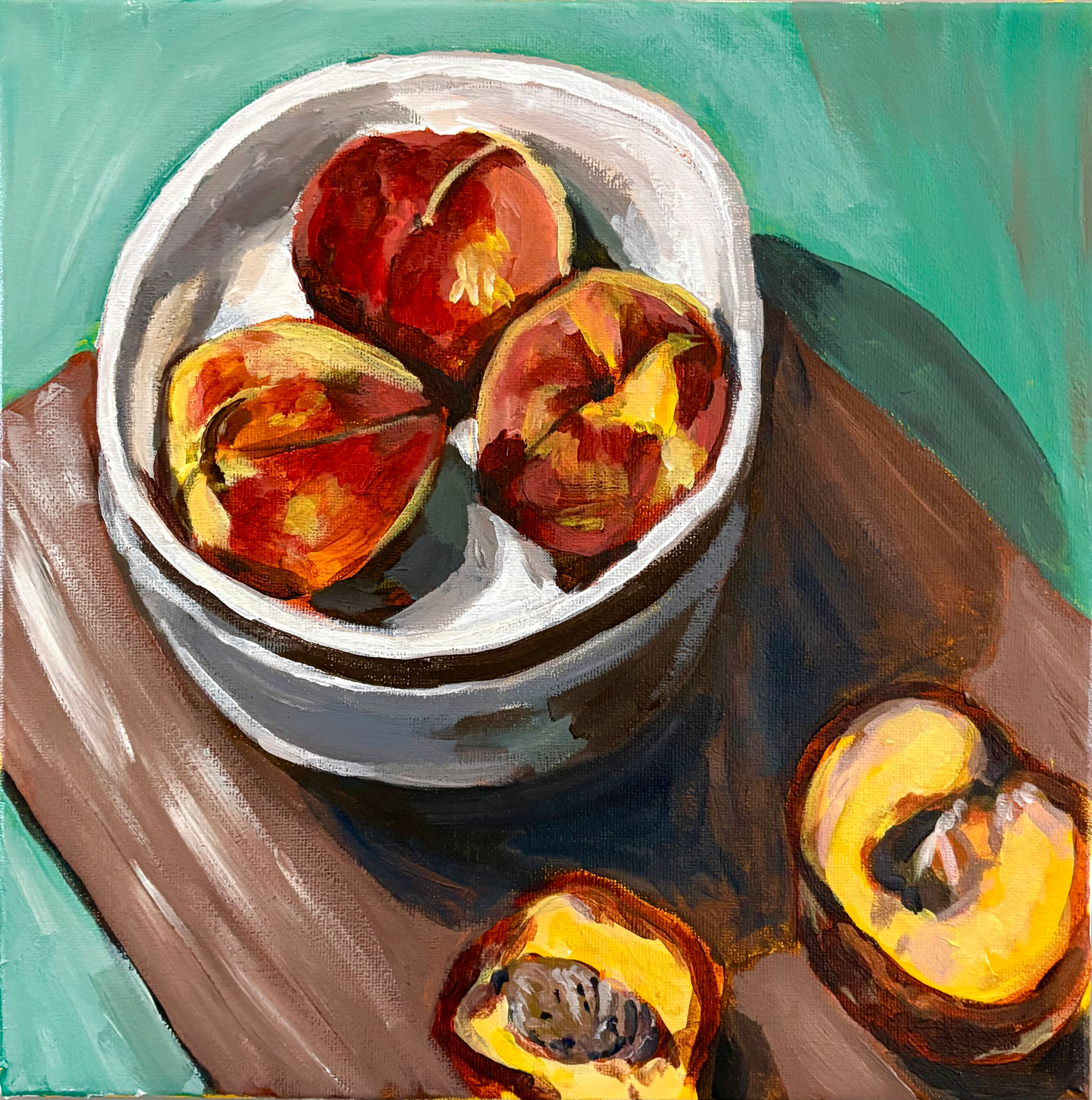 Still Life With Peaches, 12" X 12", Acrylic on Canvas.